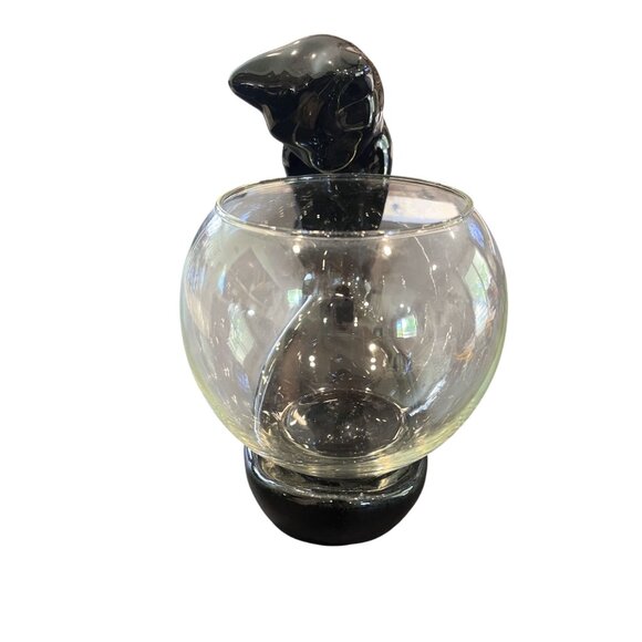 Vintage Haeger Pottery Black Cat Sculpture With Fish Bowl Planter 8" - Picture 3 of 10